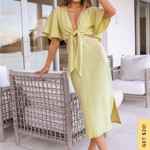 Lulu’s “Summer Journey Light Green Tie-Front Cutout Midi Dress”